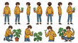 © rashyn - Young man in yellow hoodie caring for plants full body and various poses character design.