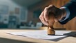 © Nicharat - Close-up of executive hand stamping official document on wooden desk