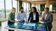© Sharma - Diverse business team analyzing sustainability metrics and green energy data on a large interactive touchscreen table in a modern eco-friendly office with wind turbines visible