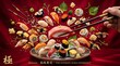 © Hossen - Selection of premium sushi nigiri pieces being held by chopsticks against a deep red textured background