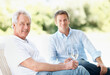 © peopleimages.com - Happy, wine and portrait of senior father for bonding, holiday and relax in backyard on weekend. Family, garden and man with elderly dad, alcohol and drinks for connection, relationship and vacation