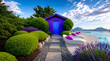© CleanSpace Studio - Vibrant purple garden cabana with infinity pool and lavender landscape by the sea