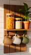 © Matos - Functional Kitchen Storage: Jars Mugs and Plant Display on Wooden Wall Shelf