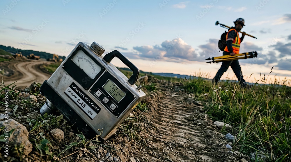 Remote Contruction Work Geodetic Surveyor Carrying Equipment on a Remote Construction Site ...