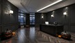 © hajah - Dark modern office reception lobby decorated with Halloween pumpkins.