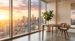© Adek - Modern office interior with city skyline view during sunset