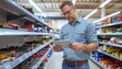 © Nando - Man using digital tablet in hardware store aisle to check tools.