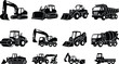 © MdRasel - Construction Vehicles Silhouette Vector Set Featuring Excavator Bulldozer Dump Truck and Concrete Mixer Icons