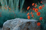 Orange wildflowers clustered near rock in bamboo garden