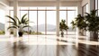 © Khan - A spacious, minimalist living room with large windows, hardwood floors, and a view of a serene landscape.