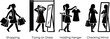 © MD Romjan Howlader - Set of women shopping and trying on dresses, black silhouettes on a transparent background.