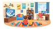 © MD - Two young boys sitting on a rug and watching a rocket launch on television in a cozy, decorated bedroom filled with toys and posters.
