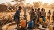 © Matos - Young children collect vital water from a hand pump in a dry rural African community landscape at sunset