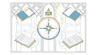 © Nure - Four open books connected by lines to a central compass on a background of gothic window frames for academic guidance and research.