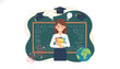 © Nure - Female teacher holding books in front of a blackboard with science formulas and educational icons for academic success and classroom learning environments.