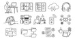 © Farah-Studio - Minimalist remote work line icons, 15 digital nomad and home office vector elements, professional business technology and telecommuting illustrations