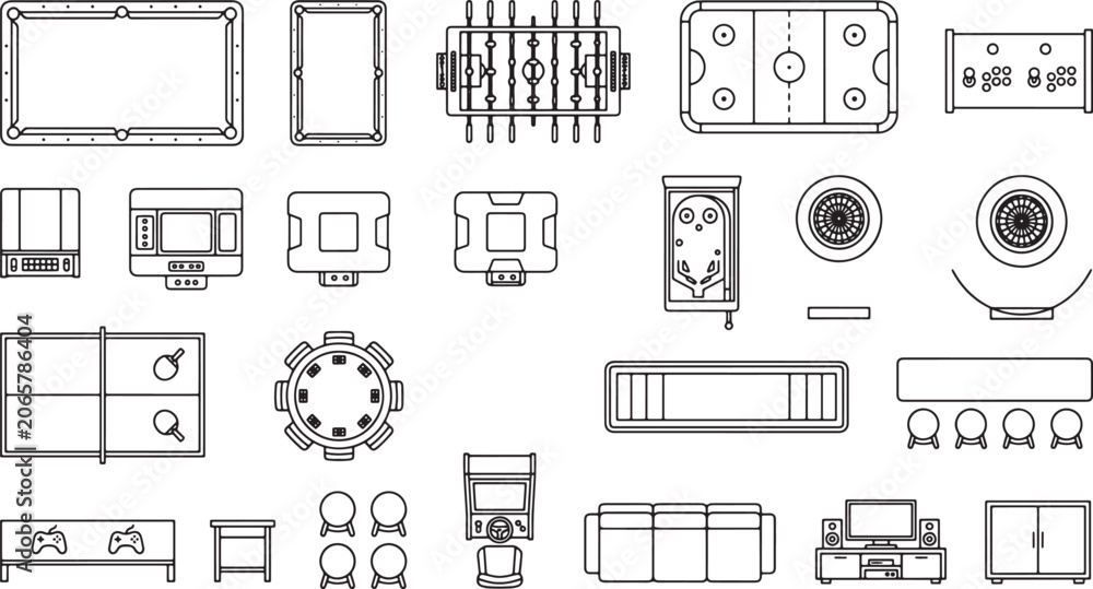 Game room furniture and entertainment equipment top view icons set in ...