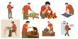 © Oolda - Flat illustration set of a man undergoing cognitive assessment, solving logic puzzles, and analyzing data for psychological evaluation and recruitment