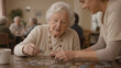 © Alexey - Senior woman with memory loss working on a jigsaw puzzle with a caregiver. Therapy session in a nursing home to improve cognitive function. Mental health and support for elderly people.