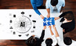 © InfiniteFlow - A diverse group of professionals collaborates over a table, piecing together a puzzle that symbolizes innovative solutions in artificial intelligence, surrounded by digital elements. Trope