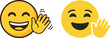 © AI illustration  - Smiling waving emoji icon set featuring cheerful yellow happy face characters with hand gesture, isolated on a light background in flat vector style.