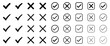 © SHORIF VTZ - Check tick mark icon set, hand drawn cross box x check mark checkbox v, sketch marker checklist symbol right and wrong set, brush marker