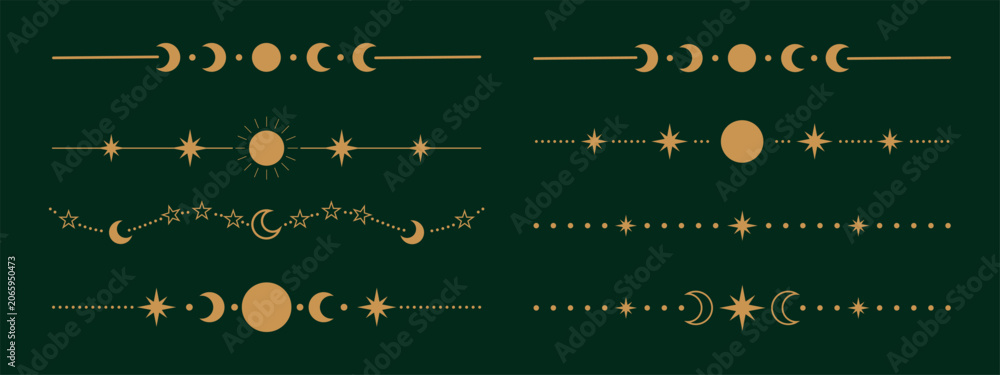 Vector Celestial Line Celestial dividers set with moon phases, suns and stars golden mystical ...