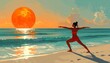 © NidNid - Woman practicing yoga warrior pose on beach at sunset with sun reflecting on ocean waves