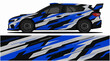 © PS STOCK - Blue and white racing car with dynamic vinyl wrap design.