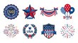 © Anggora - Collection of American patriotic symbols and celebratory elements like stars, badges, banners, balloons, fireworks, and confetti in red, white, and blue colors