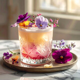 Gourmet Craft Cocktail with Edible Flowers in Crystal Glass
