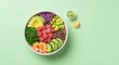© AngSandi Studio - Vibrant Ahi Tuna and Shrimp Poke Bowl with Avocado, Quinoa, and Fresh Vegetables on a Light Green Background - Top View Flat Lay