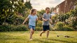 © Marlon - Joyful children running through garden sprinkler on sunny summer day splashing water and laughing
