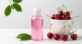Transparent bottle with pink liquid next to a cup of fresh cherries isolated on white background
