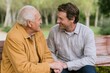 © Breezze - Elderly man and middle-aged son sharing a tender moment on a weathered pink park bench, with soft for family lifestyle content