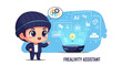 © faki - Chibi male freelancer wearing a blue beanie and suit interacting with a futuristic holographic AI display showing charts, gears, a lightbulb, and data analytics on a white background.