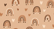 © Thabo - Stylish boho seamless pattern featuring earthy-toned rainbows and hearts on a light beige background for nursery.