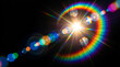 © PixelHill - Bright circular lens flare effect featuring vibrant rainbow colors radiating from a central white light source on black background space