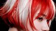 © AllYours - A side profile close-up of a person featuring a vibrant red and white bi-color bob haircut with bangs against a dark background.