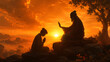 © aigiants - Guru purnima golden sunset silhouette showing guru blessing devotee on rocky hill for hindu relegious festival peaceful spiritual devotion