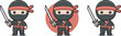 © Mamun - Cute ninja character set, vector illustration featuring adorable cartoon ninjas holding swords with different poses, expressions, and outfits in a playful style ideal for children’s games, stickers,