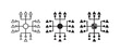 © Ірина Гринюк - Three decentralized network hub icons in outline, solid, and hand-drawn styles, showing a central node with branches connecting to multiple warning triangles and circles