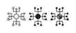 © Ірина Гринюк - Three decentralized network hub icons in outline, solid, and hand-drawn styles, showing a central node with branches connecting to circles and warning triangles