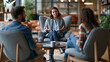 © Julia - Mediation session with three people in a modern neutral office, seated in a triangle of chairs with a professional mediator in calm soft lighting