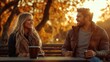 © MUMTAZ - Happy Couple Talking Outdoors in Autumn Park at Sunset