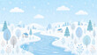 © atelier blanket - 北欧風デザインの冬の雪景色と川の風景イラスト