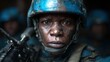 © Larisa AI - A close-up portrait of a determined soldier wearing combat gear, showcasing emotions of strength, resilience, and courage in challenging situations.