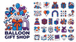 © hum lab - Balloon gift shop icons set, colorful party celebration vector elements, birthday surprise and event decoration graphics in blue and orange