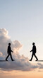 © Professor - A silhouette of a businessman and businesswoman walking toward each other on a tightrope wire high above the clouds at sunset