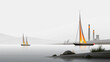 © Chainat - Sailing into the Industrial Horizon Two elegant sailboats glide across a serene body of water, their sails catching the light, with industrial smokestacks looming on the distant shore under a muted.